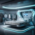 Futuristic bedroom clothes hanging teal glowing neon stripes lighting trim