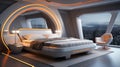 Futuristic Bedroom mainly in light grey colors with soft curved orange lines for lighting