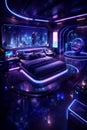 Futuristic Neon Bedroom with Floating Bed, City View and Bubble Chair Royalty Free Stock Photo