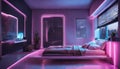 A futuristic bedroom with neon strips on the ceiling, casting a sci-fi