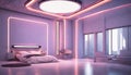 A futuristic bedroom with neon strips on the ceiling, casting a sci-fi