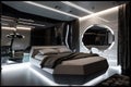 futuristic bedroom with sleek, metallic accents and floating bed