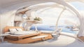 A futuristic bedroom with a view of the ocean, AI