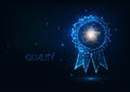 Futuristic best quality award badge concept with glowing low polygonal winner medal and golden star