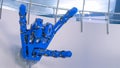 Futuristic big blue mechanical robotic hand showing devil horn gesture