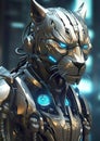 Futuristic big cat robot equipped with neon cybernetics.