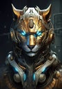 Futuristic big cat robot equipped with neon cybernetics.