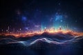 Futuristic Big Data Visualization Wave Connecting Neural Network on Earth