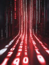 Futuristic binary data stream in vibrant red and white tones, symbolizing technology, coding, and digital communication