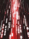 Futuristic binary data stream in vibrant red and white tones, symbolizing technology, coding, and digital communication