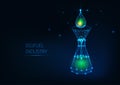 Futuristic biofuel industry concept with glowing low poly green petroleum drop, funnel, flask