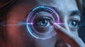 Futuristic biometric eye scan concept with digital interface and human eye focus Royalty Free Stock Photo