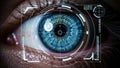 Futuristic biometric eye scan with digital technology interface in cybersecurity Royalty Free Stock Photo