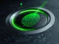 Futuristic biometric fingerprint scanner glowing green on textured black surface representing advanced security technology and Royalty Free Stock Photo
