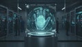 Futuristic biometric hand scan interface securing access control inside a high tech data center for cybersecurity Royalty Free Stock Photo