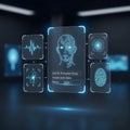 Futuristic Biometric Identity Verification and AI Integration Concept Showing Digital User Profile with Retinal, Fingerprint, Royalty Free Stock Photo