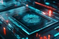 A futuristic biometric scanner, displaying glowing holographic fingerprints, cybernetic encryption