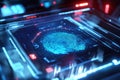A futuristic biometric scanner, displaying glowing holographic fingerprints, cybernetic encryption