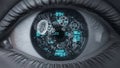 Futuristic Bionic Eye with Glowing Blue Digital Data and Intricate Mechanical Gears Royalty Free Stock Photo
