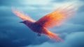Futuristic bird with wings made of glowing algorithmic graphs and formulas soars through the sky, symbolizing the