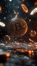 Futuristic bitcoin coins floating amidst sparkling digital technology and cryptocurrency environment