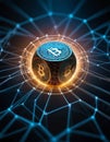 Futuristic Bitcoin Cube in Digital Network