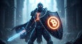 Futuristic Bitcoin cyber knight: strong protector of the digital currency world. Royalty Free Stock Photo
