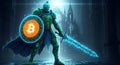 Futuristic Bitcoin cyber knight: strong protector of the digital currency world. Royalty Free Stock Photo