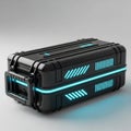 Futuristic Black Container with Blue Neon Lights on a Gray Background case storage Royalty Free Stock Photo