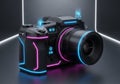 Futuristic black digital camera with neon blue and pink accents features an angular Royalty Free Stock Photo