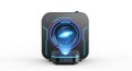 A futuristic black electronic device with a glowing blue and purple circular holographic interface design creating a sense of Royalty Free Stock Photo
