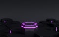 Futuristic black hexagonal sci-fi pedestal with purple neon light for display product showcase, 3d rendering