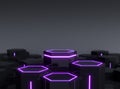 Futuristic black hexagonal sci-fi pedestal with purple neon light for display product showcase, 3d rendering