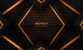 Futuristic black and orange abstract gaming banner with hexagon carbon fiber grid and black triangles.