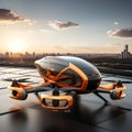 A futuristic black and orange passenger plane takes off from a runway near a modern city. VTOL electric vertical takeoff Royalty Free Stock Photo