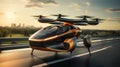 A futuristic black and orange passenger plane takes off from a runway near a modern city. VTOL electric vertical takeoff Royalty Free Stock Photo