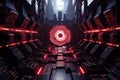Futuristic black and red tunnel with glowing lights 3D rendering, Futuristic Metaverse Tunnel with Polygon Shapes and Circuit