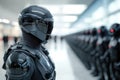 Futuristic black robotic soldier in a modern bright facility Royalty Free Stock Photo