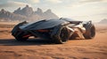 Futuristic black sports car in a desert landscape of an alien planet. Concept of innovation, speed, luxury vehicles, and Royalty Free Stock Photo