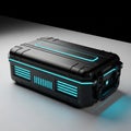 Futuristic Black Storage Case with Glowing Blue Neon Lights and Industrial Design technology Royalty Free Stock Photo