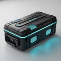 Futuristic Black Storage Container with Glowing Blue Neon Accents and Digital Lock image Royalty Free Stock Photo