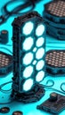 Futuristic black tech device with glowing hexagonal panels on cyan background, surrounded by cables and hexagonal grid modules for Royalty Free Stock Photo