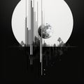 Futuristic Black And White Environmental Art With Moon And Tree Lines