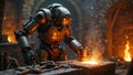 Futuristic blacksmith robot forging metal in medieval workshop Royalty Free Stock Photo