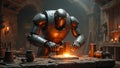 Futuristic blacksmith robot forging metal in medieval workshop Royalty Free Stock Photo
