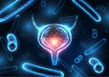 Futuristic bladder infection, cystitis concept with glowing bladder and bacteria on dark blue Royalty Free Stock Photo