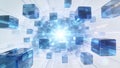 Futuristic Blockchain Data Network with Glowing Digital Cubes in Cyberspace Royalty Free Stock Photo