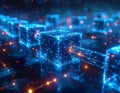 Futuristic Blockchain Data Transfer Between AI Cubes in Digital Network Royalty Free Stock Photo