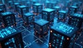 Futuristic blockchain network in high-tech data center with glowing connections. Digital cubes with glowing lights, binary code, Royalty Free Stock Photo