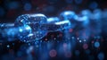 Futuristic blockchain technology as glowing digital chains. Blue illuminated encryption for data security, network connectivity.